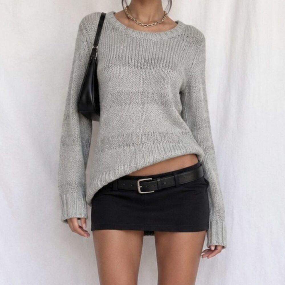 Vintage Y2K 90s Gray Metallic Striped Crewneck Knit Pullover Sweater Top Size M